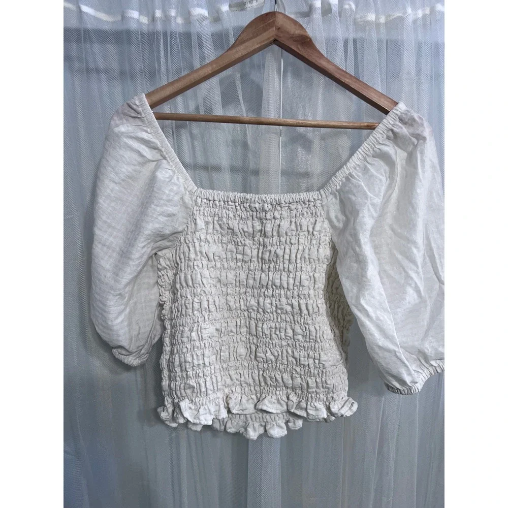 Old Navy Womens White Smocked Puff Sleeve Square Neck Peasant Top Small Boho